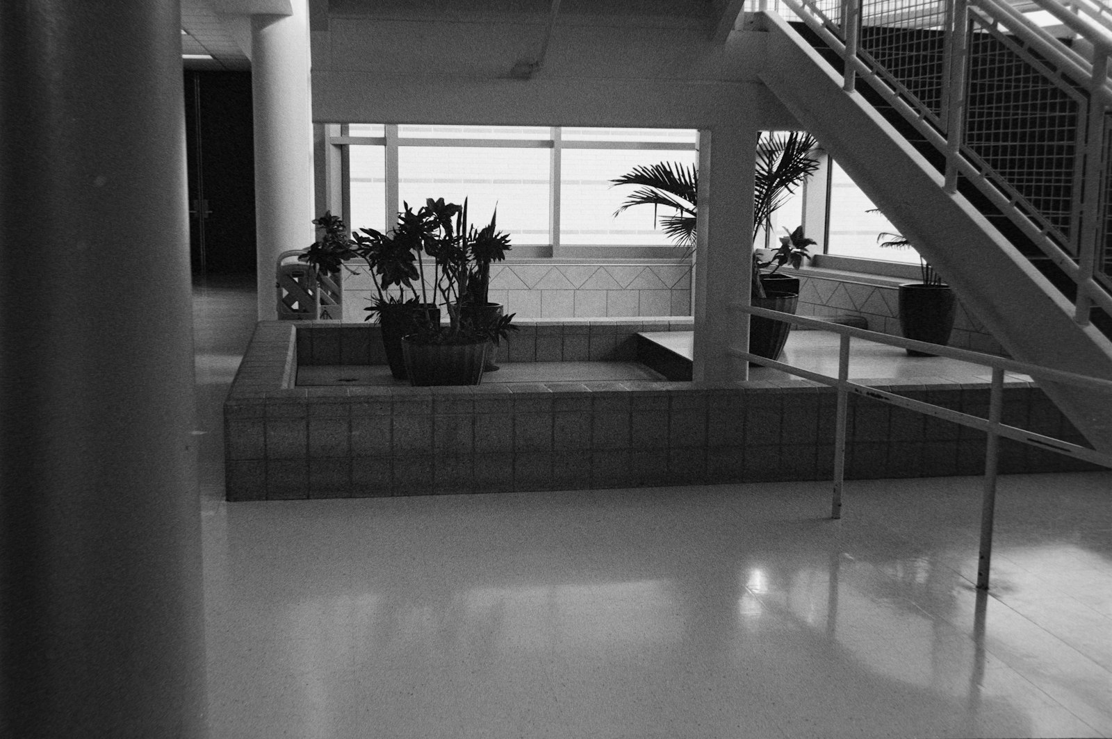 Light-filled retail atrium with planting and feature stair