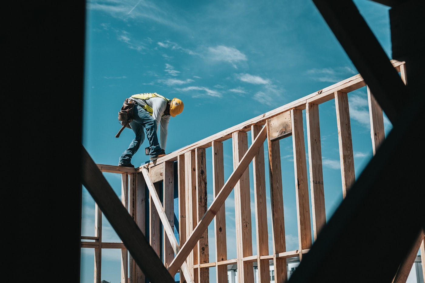 An Avon Construction tradesperson working on a structural steel frame